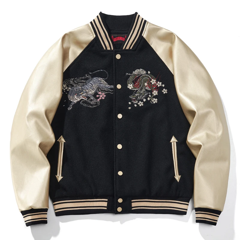 Autumn Winter New Machine Embroidery Jacket Baseball Uniform Men's Coat Contrast Color Top Retro National Trend Jaquetas Mujer