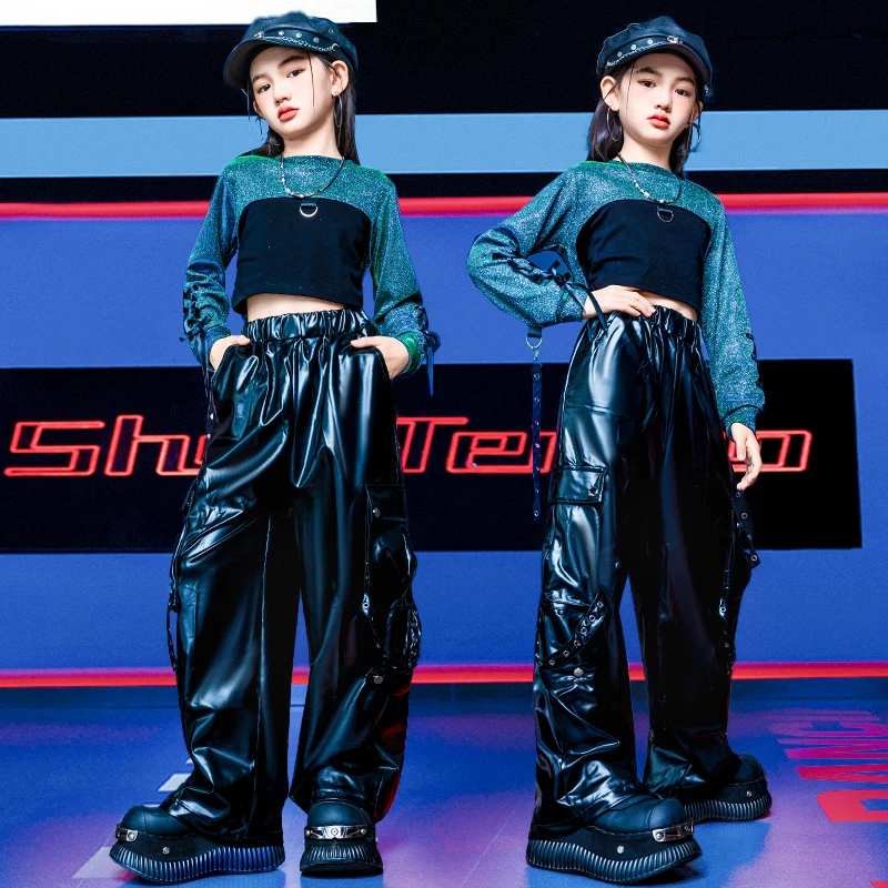 Hippe hiphop kleding voor meisjes, stijlvol streetdance kostuum, set met crop top en leren broek, kinder jazz outfit.