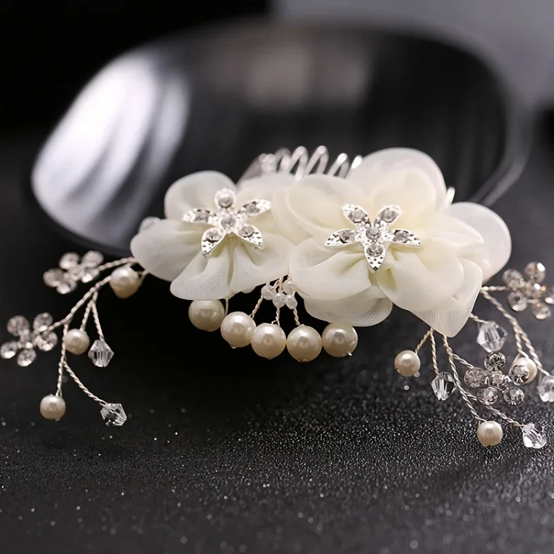 Wedding Hair Comb Flower Hair Ornaments Bride Hair Comb Pearl Rhinestone Headpiece For Women Girls Headdress Floral Jewelry image 5