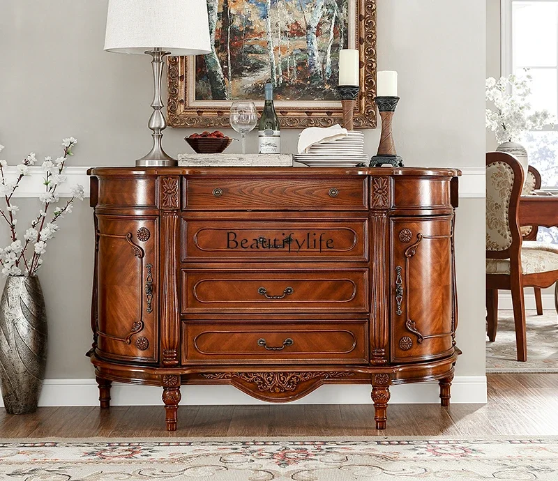 

American solid wood dining side cabinet retro simple porch table semi-round storage cabinet