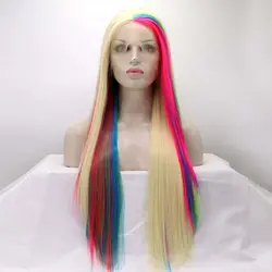 613#Mixed Blonde Colorful Wig Synthetic Rainbow Lace Front Wigs Long Silky Straight Wig Heat Resistant Fiber Long Wigs Cosplay