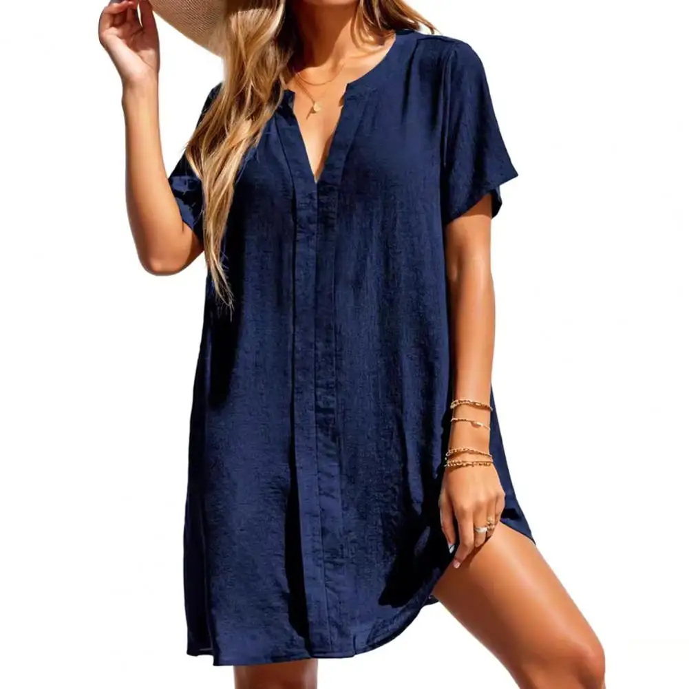 2024 Women's Midi Dress V-neck Shirt Collection Casual Midi Long Sleeve Options for Beach Cover-ups