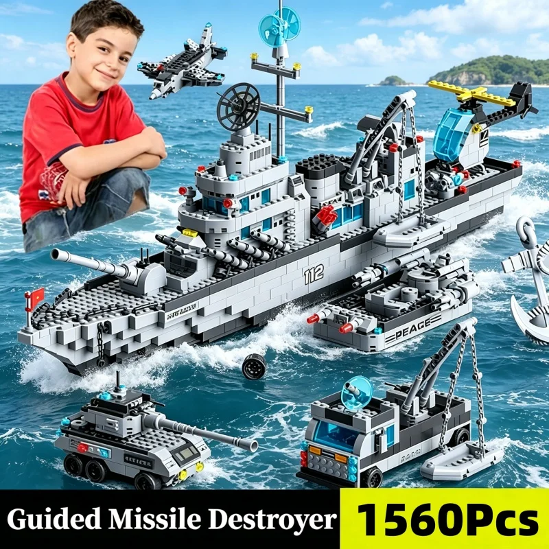 1560PCS 6-in-1 Navy Warship Building Blocks, Multi-Form Military Battleship Model Bricks, Educational STEM Toy for Boys Kids