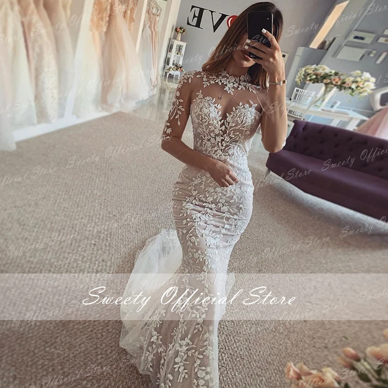 Elegante vestido de casamento de gola alta organza com renda bordada sereia vestido de baile manga cheia vestido de noiva botão personalizado