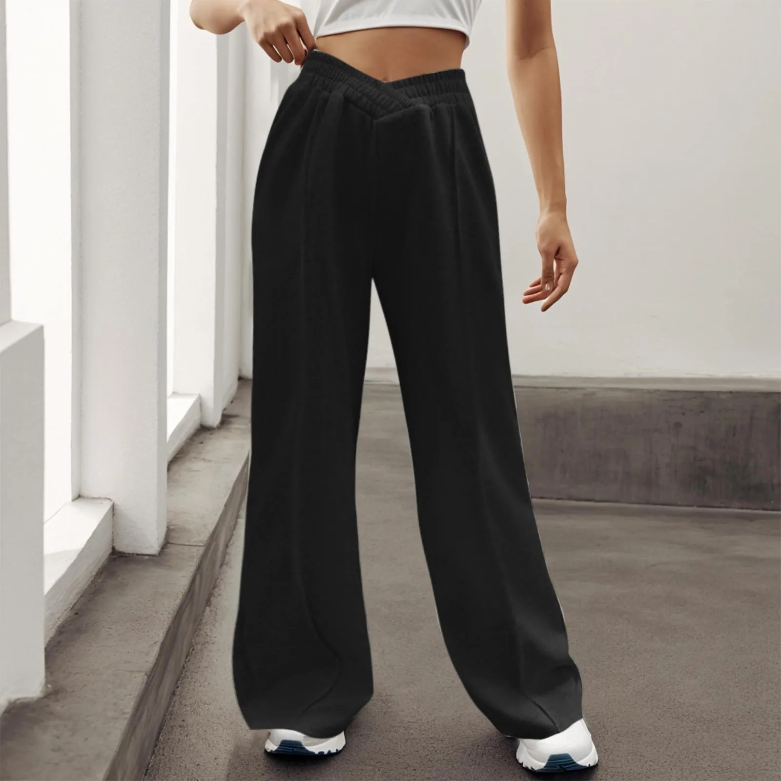 Calça casual solta feminina, moletom confortável, cintura elástica, monocromática, perna larga, simplicidade, casa