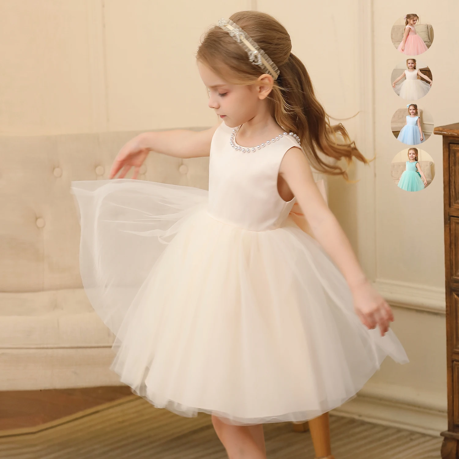 Toddler Girl Flower Birthday Tulle Dress Backless Bow Wedding Gown Kids Party Wear Princess Blue Dress Baby Girl Bowknot Dresses