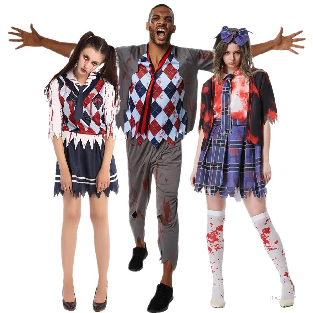 

Halloween Day Of The Dead Bloody Blood Stains Plaid Jk Uniform Horror Vampire Role Play Costume Carnival Party Zombie DevilDress