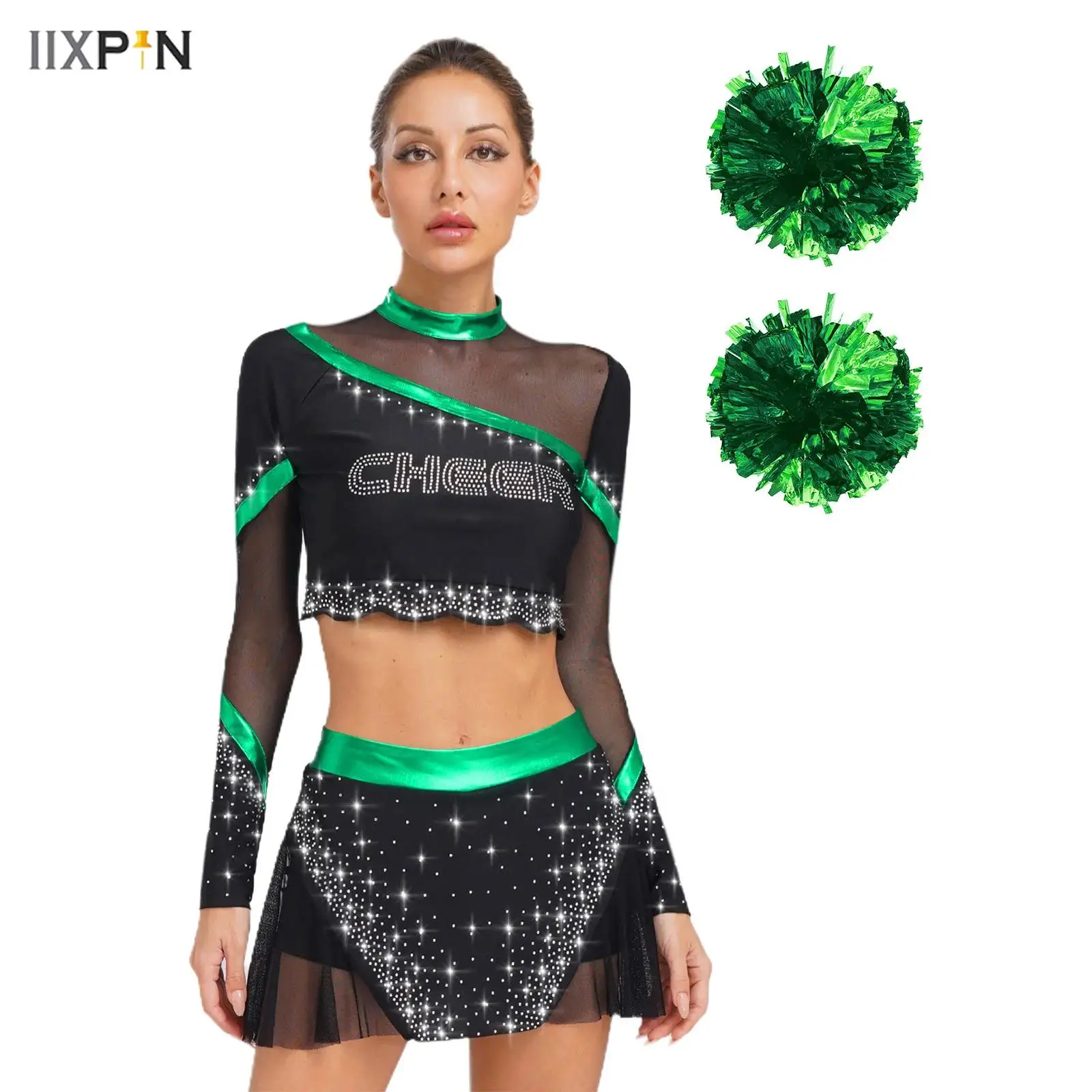 

4Pcs Women Cheerleading Outfits Long Sleeve Sequins Crop Tops+Skirt+Hand Flowers Set Cheerleader Uniform Performance Costume