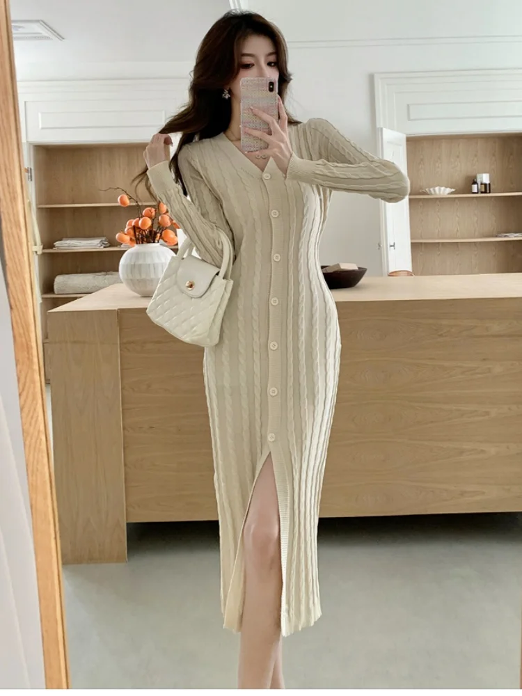 SMTHMA français élégant Sexy col en v torsions pull à manches longues une pièce robe femme Style doux dame Sofe robes en tricot