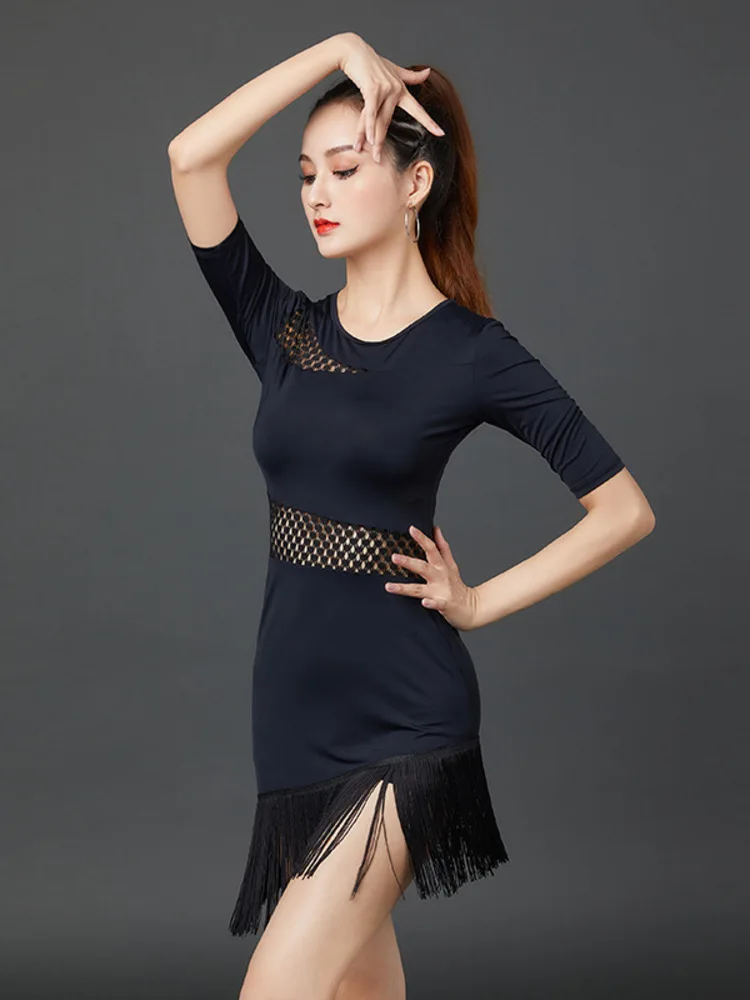 Tassel Latin Dance Dress 2024 Competition New Jazz Middle Sleeves Evening Beautiful Adult Women Costumes Mesh Patchwork Dress