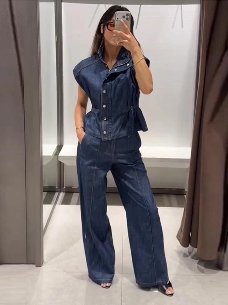 Ärmelloses Jeanswesten-Hosen-Set für Damen mit elastischem Bund, Stehkragen-Oberteil mit Knopfleiste und gerader Hose – Schickes Streetwear-Outfit für die moderne Dame – Detail 4