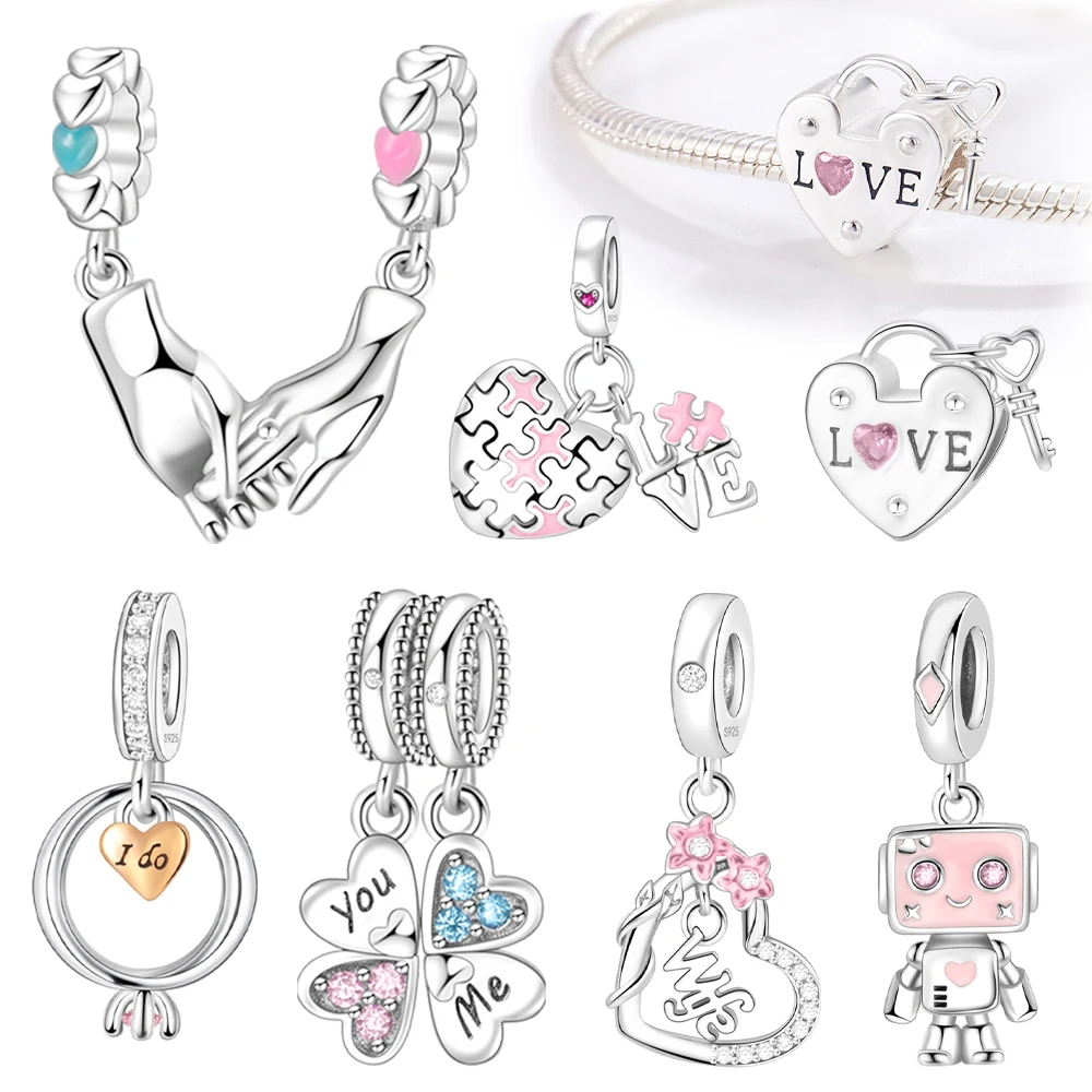 

Romantic Couple Locks Beads Lucky Clover & Love Puzzle Charm Fit Original Pan Bracelet DIY Women Jewelry Engagement Wedding Gift