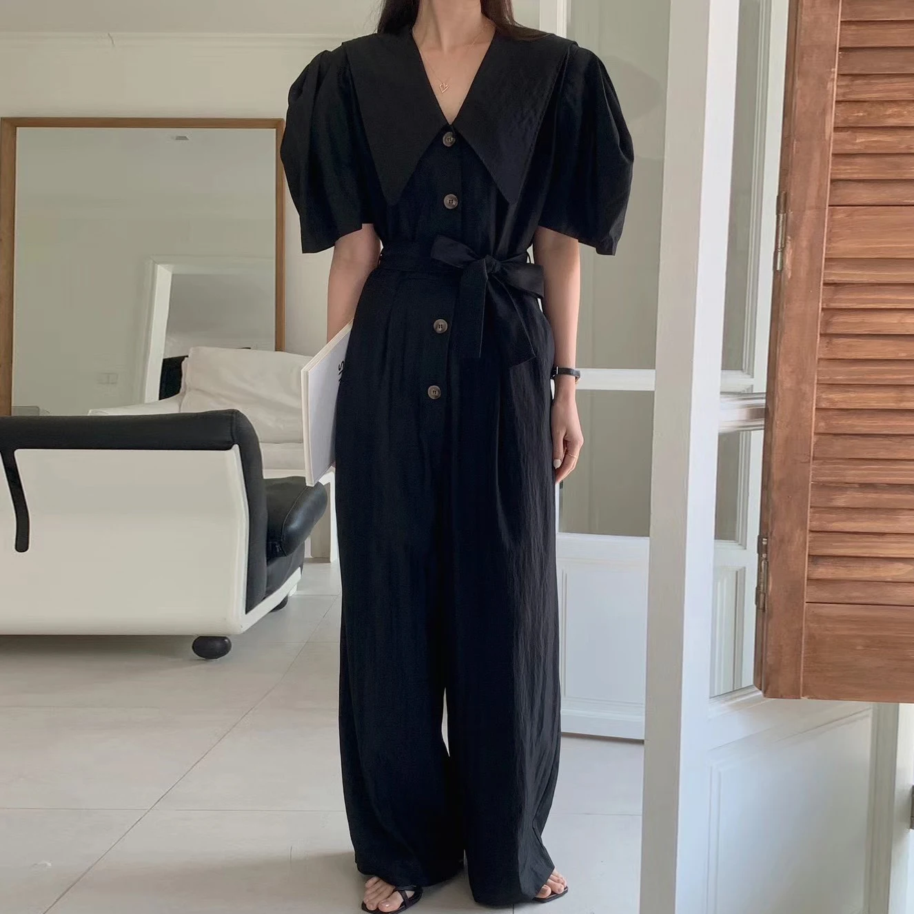 Women Doll Collar with Waist-tightening Tooling Jumpsuit Slim Fashion Casual Loose Korea Chic Wide-leg Mopping Jumpsuit Summer