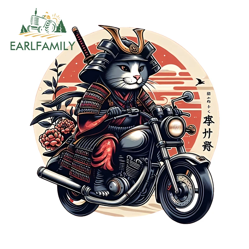 

EARLFAMILY Samurai Cat Motorcycle Stickers Cool Personality Graffiti Design Windshield Bumper Decal Sunscreen Vinyl Car Styling