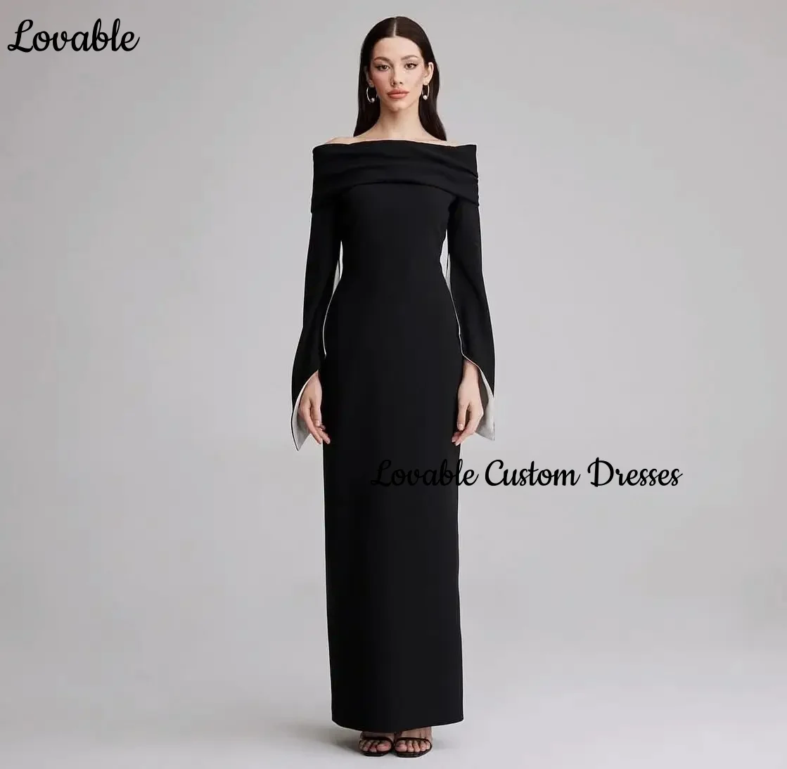 Customized Prom Dresses 2025 Column Off-The-Shoulder Neckline Floor-Length Luxury Evening Dresses Zipper Up Long Sleeves Evening