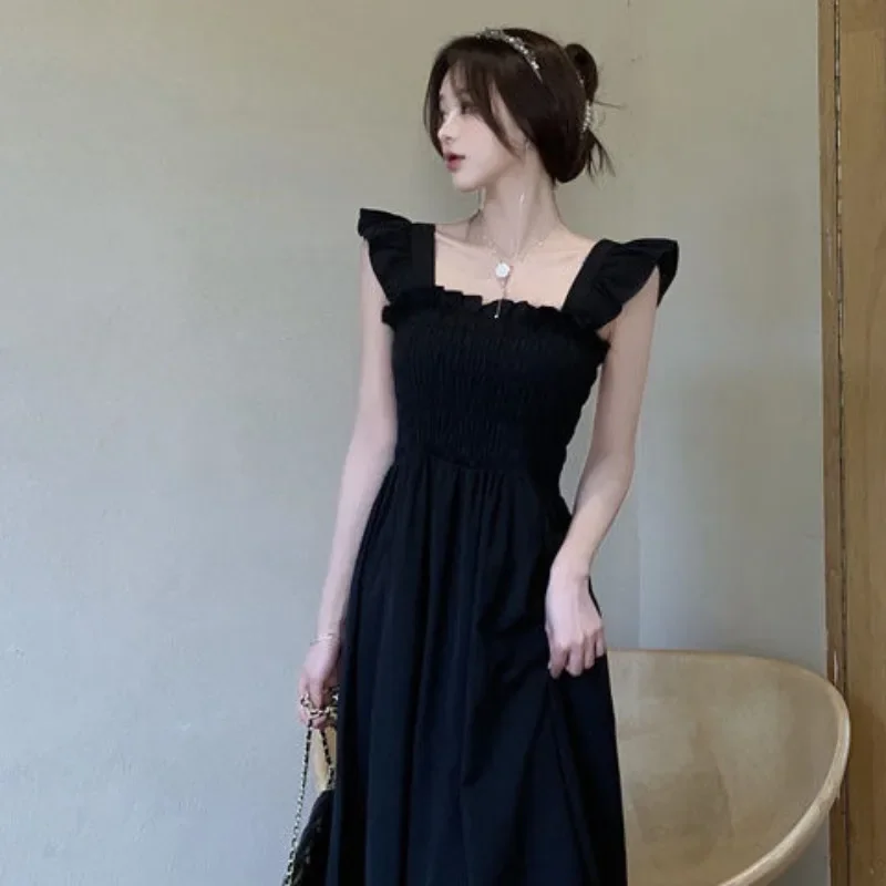

Women's Flying Sleeve Pleated Long Dress Summer High Waist Square Neck Ruffle Edge Vacation Vestidos Y2k Academic Dresses 원피스