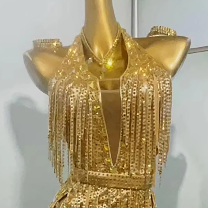 Lateinischer Tanzwettbewerb Damen High-End Custom Golden Diamond Strip Quaste Abendkleid Samba Performance Strasskleid