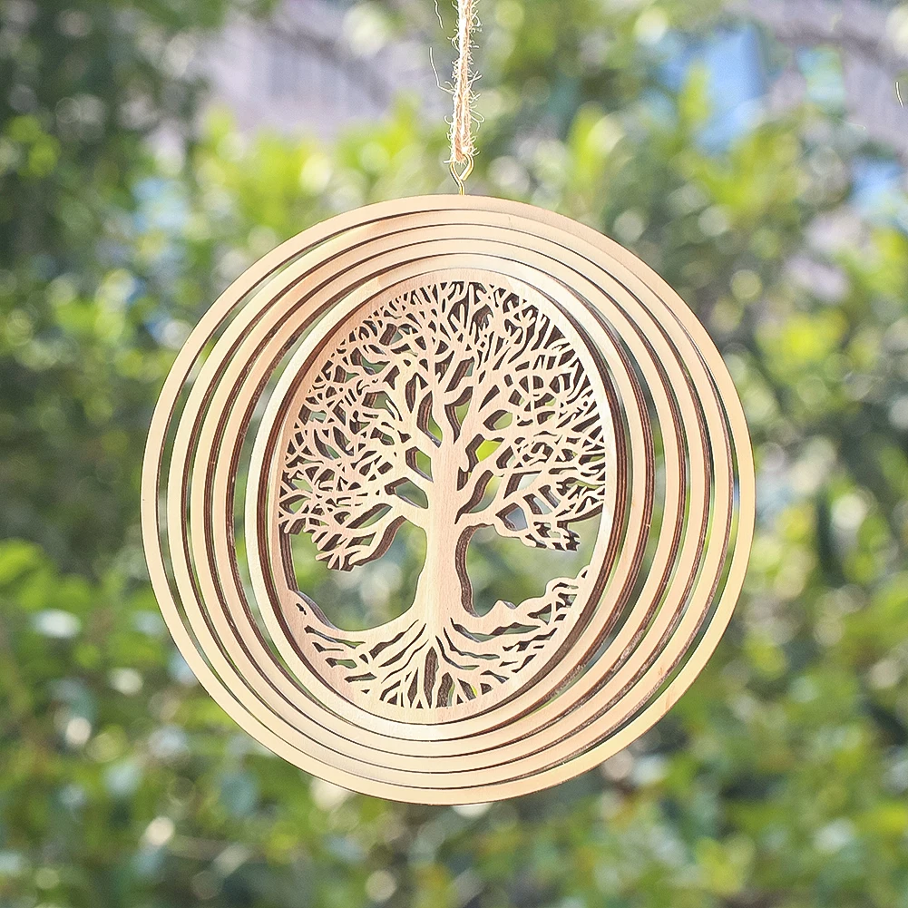 3D Wooden Tree of Life Whirligig Wind Spinner Wall Art Hanging Sacred Geometry Yoga Spiritual Meditation Home Yard Decoration