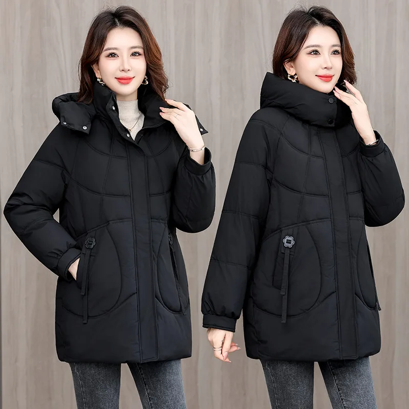 Hooded Parkas Coats Women Mid Lenth Jackets Solid Zipper Pocket Button Long Sleeve Wide Waist Loose Fit Thick Casual 2025 Winter