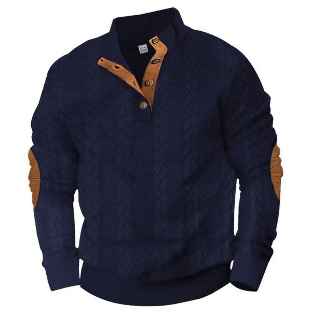 Men's Casual Knitted Jacquard Sweaters Autumn Button Stand up Long-sleeved Pullover Half Turtleneck Sports  Sweatershirt