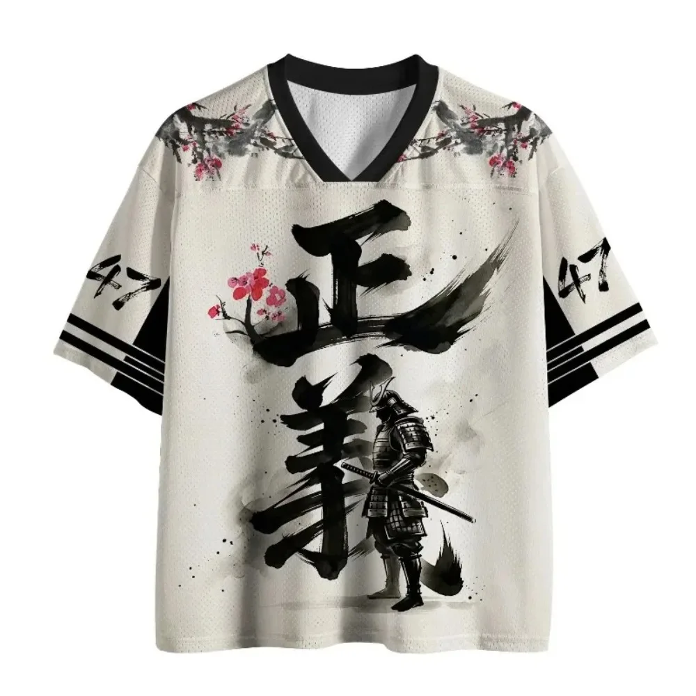 Japanese Ukiyo-e Justice Ink Warrior 3D Print Breathable Moisture-Wicking V-Neck Large-T-Shirt MenWomen Street Y2K Family Outfit