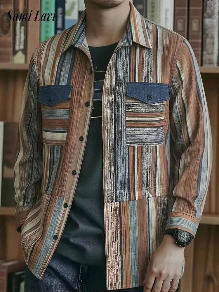 

Casual Long Sleeve Mens Shirts Spring Autumn Daily Leisure Buttoned Turn-down Collar Shirt Tops Vintage Mens Striped Print Shirt