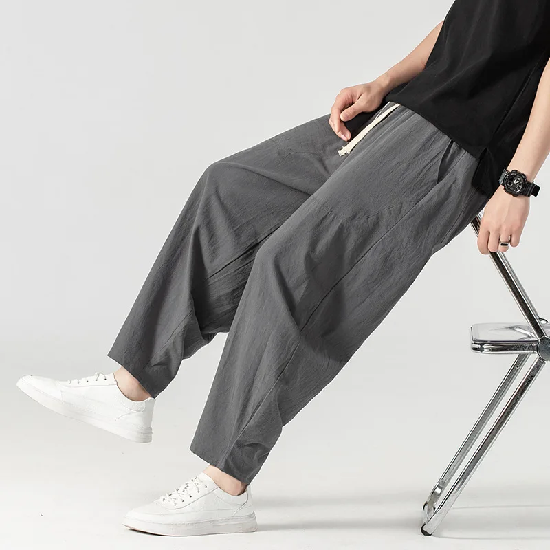 Linen Pants Men Baggy Pants Plus Size 13XL 15XL Summer Ankle-length Pants Male Solid Color Bottom Big Size 14XL