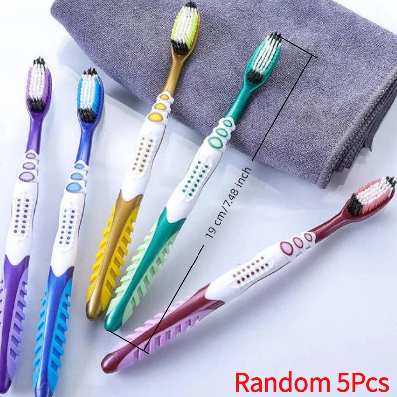 Random 5Pcs Colorful Manual Toothbrushes With Medium Hard Bristles And Ergonomic Non Slip Grip Perfect For Daily Oral Care.
