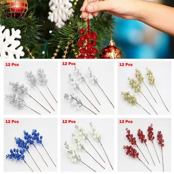 인공 베리 나뭇 가지 줄기, 크리스마스 반짝이 홀리 베리 꽃 가지, DIY 화환, 크리스마스 트리 축제 장식, 12 개
