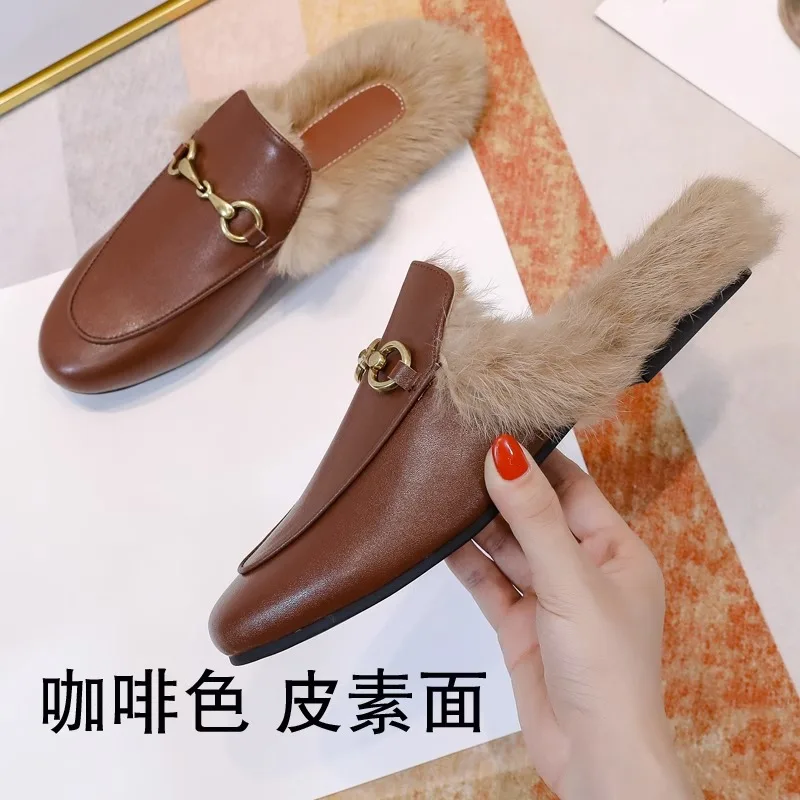 Baotou Horse Buckle Outside To Wear Rabbit Hair Flat Bottom Plus Cashmere Warm Fashion All Comfortable Non-slip Female Slippers