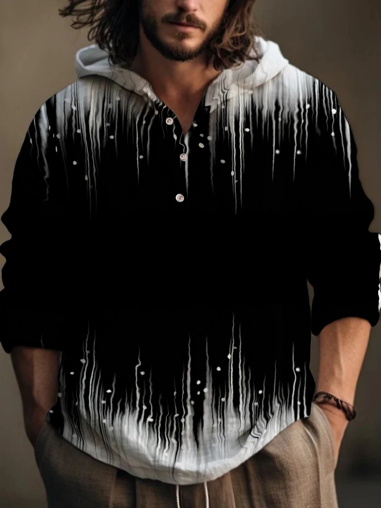 Men Gradient Stripe Print Hooded Henley Shirt Long Sleeve Loose Casual Shirts