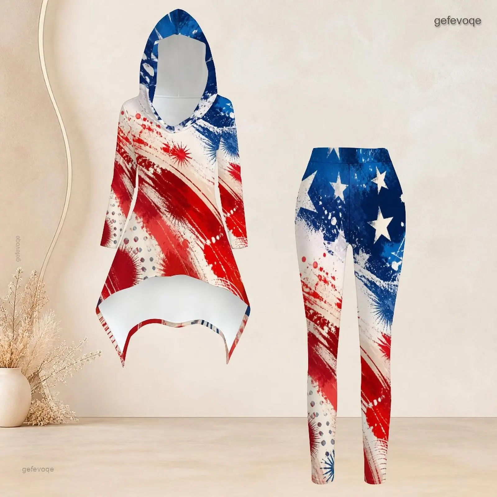 Women Navy Blue Starry Sparkle Printed Hooded Long Sleeve High Low Top And Leggings Two Piece Set