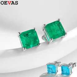 OEVAS 7*7mm emerald Stud Earrings for Women S925 Sterling Silver Lab Paraiba Tourmaline Gemstone Wedding Earrings Fine jewelry