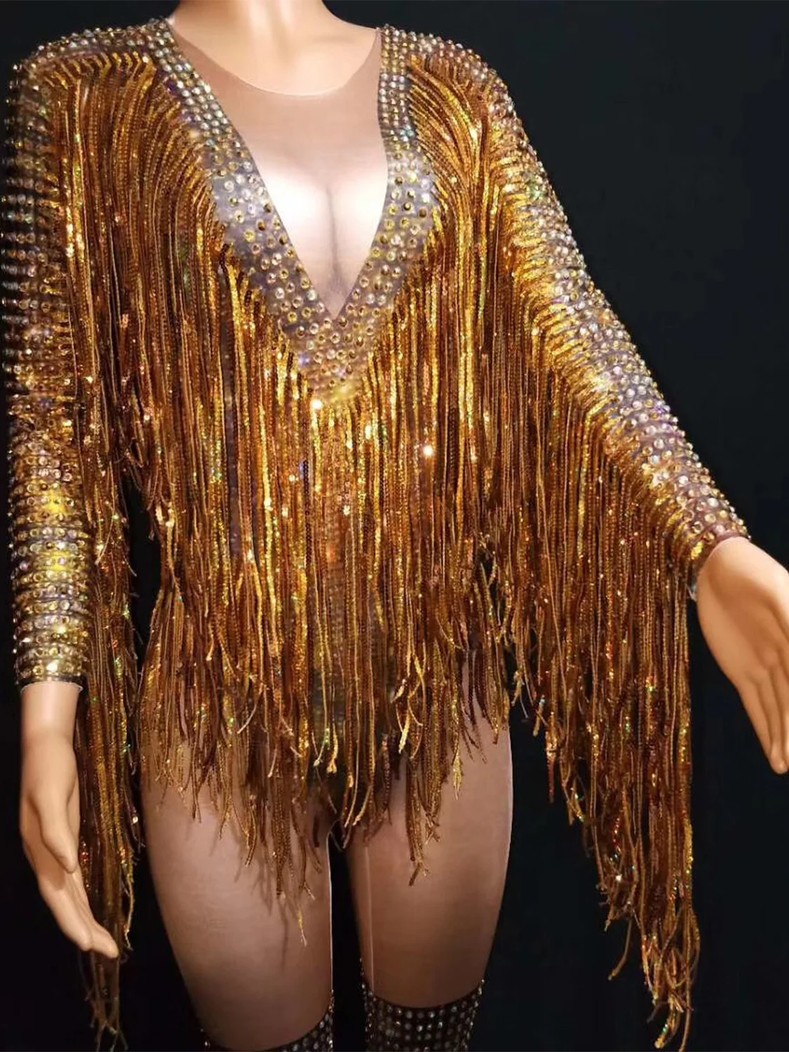 Gold Shining Rhinestones Tassel Long Sleeves Sexy Jumpsuits For Women Fashion Show Model Costume Party Club Clothing Prom Wear