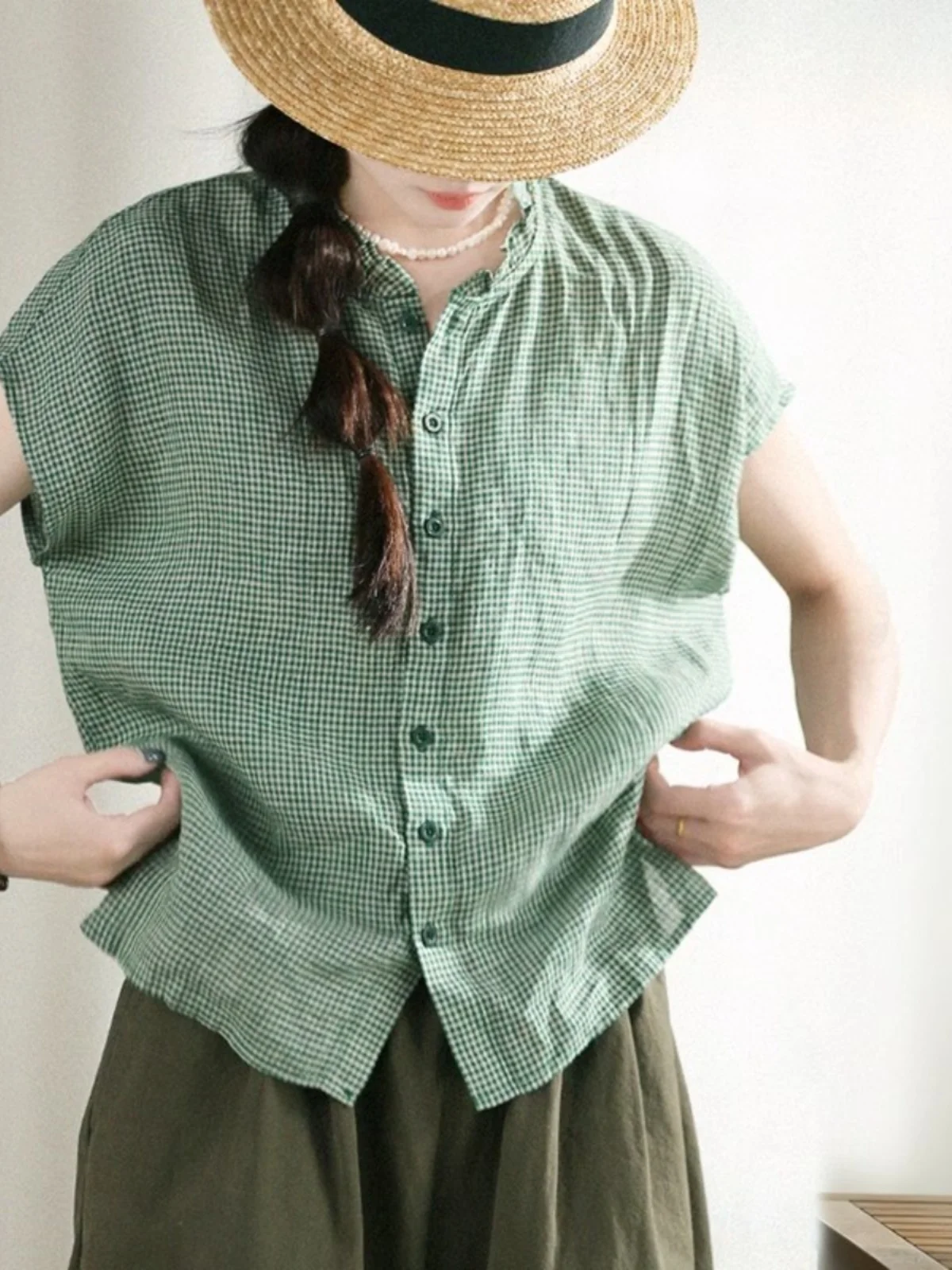 

Fre Sle Women's irt Summer New Arrival Plaid Cotton Linen Blend Lace Collar Loose Fit Versatile Sle Regular Length