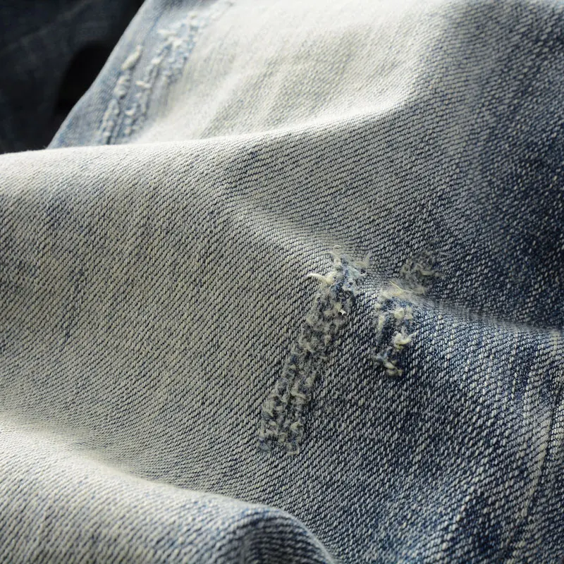 Newly Fashion Designer Men Jeans High Quality Retro Washed Blue Stretch Slim Fit Ripped Jeans Embroidery Vintage Denim Pants Men