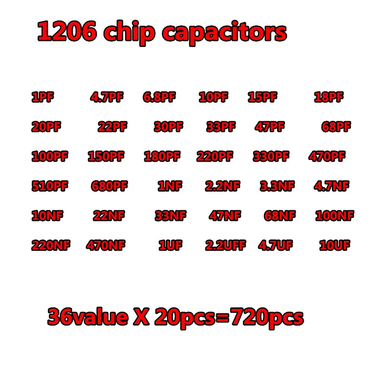 1206 SMD Capacitor assorted kit 36values * 20pcs=720pcs 1pF~10uF Samples Kit electronic diy kit