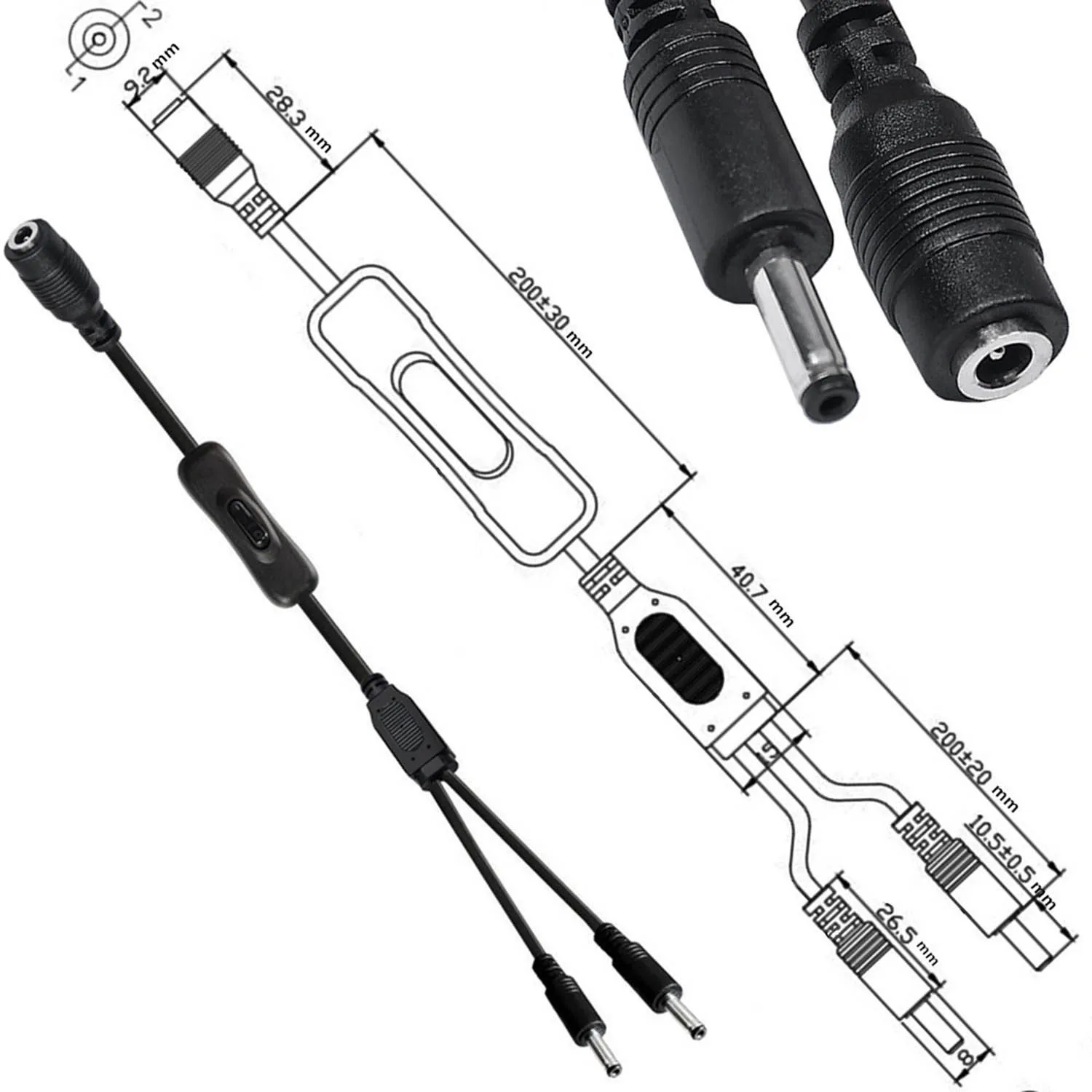 DC Y Splitter Power Cable with Switch 3.5mm x 1.35mm Female to 2 Dual Male w/ On/Off 304 Switch for CCTV Camera LED Light Strip