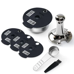 Stainless Steel Reusable Tassimo Pods with 4 Black Silicone Lid Tamper Compatible for-Bosch Tassimo Machine