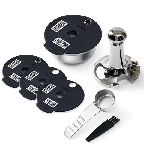 Stainless Steel Reusable Tassimo Pods with 4 Black Silicone Lid Tamper Compatible for-Bosch Tassimo Machine