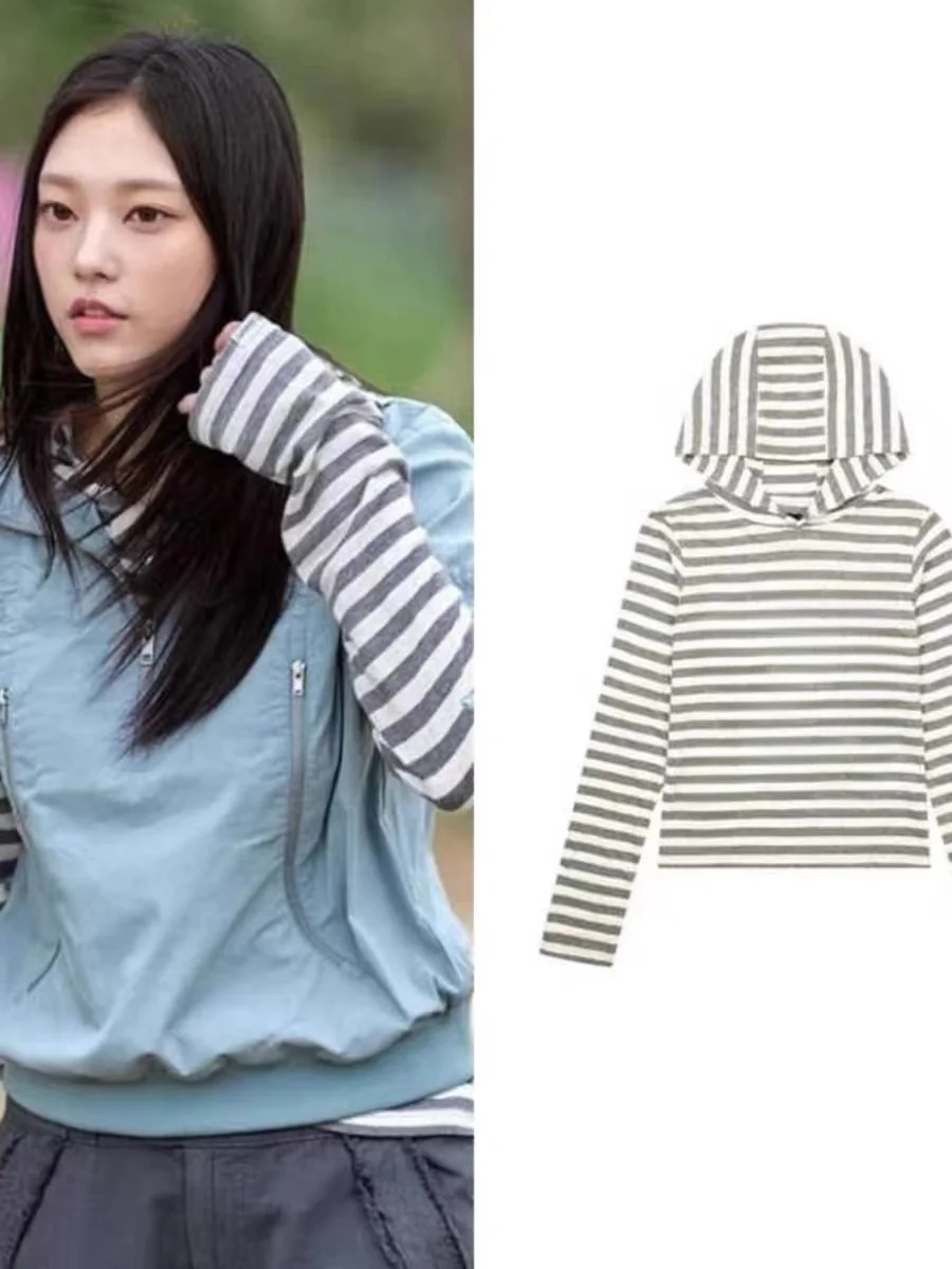 

Haerin Long Sve Hoodie Women's Printed Striped T-irt Korean Sle Spring Faion Casual Comfortable Fit Hoodie