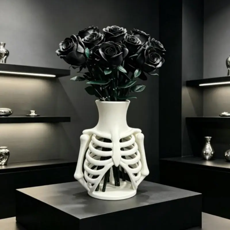 Weiße 3D-gedruckte Skelett-Brustkorbe-Vase, einzigartiges Gothic-Design, perfekt für Halloween-Heimdekoration, Geschenk für Gothic-Liebhaber. – Detail 11