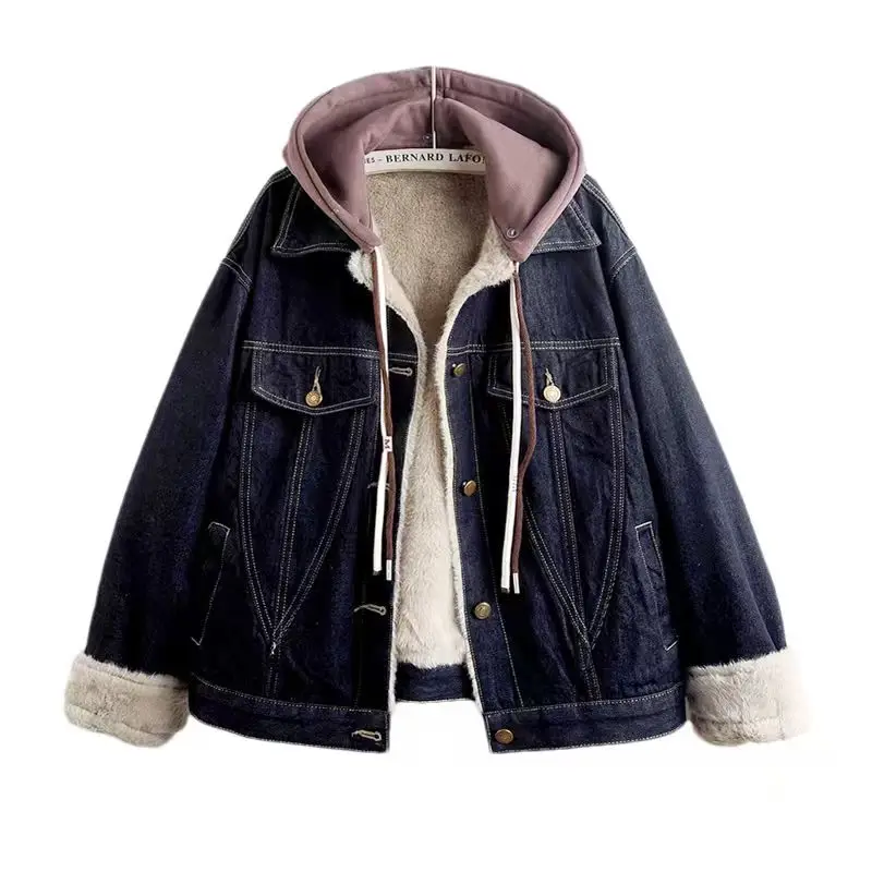 Autumn Winter Women Fashion Removable Hooded Denim Jacket Loose Thick Warm Faux Rabbit Fur Liner Casual Cowboy Outerwear Female