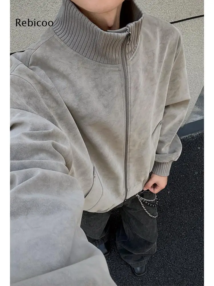 Vintage Washed Texture Zip Up Bomber Outerwear For Men Stand Collar Rib Cuff Jacket For Street Style And All Season Dressing