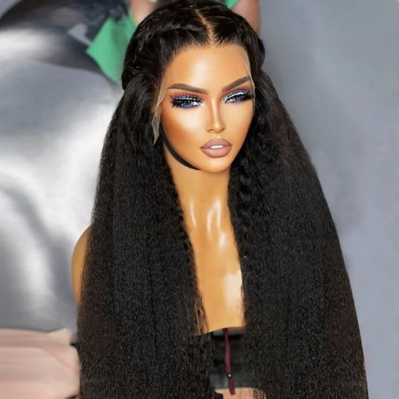 Natürliche lange 180 Dichte Yaki 26 "vor gezupfte schwarze verworrene gerade leimlose Babyhair Spitze Front Perücke für schwarze Frauen mit täglicher Perücke