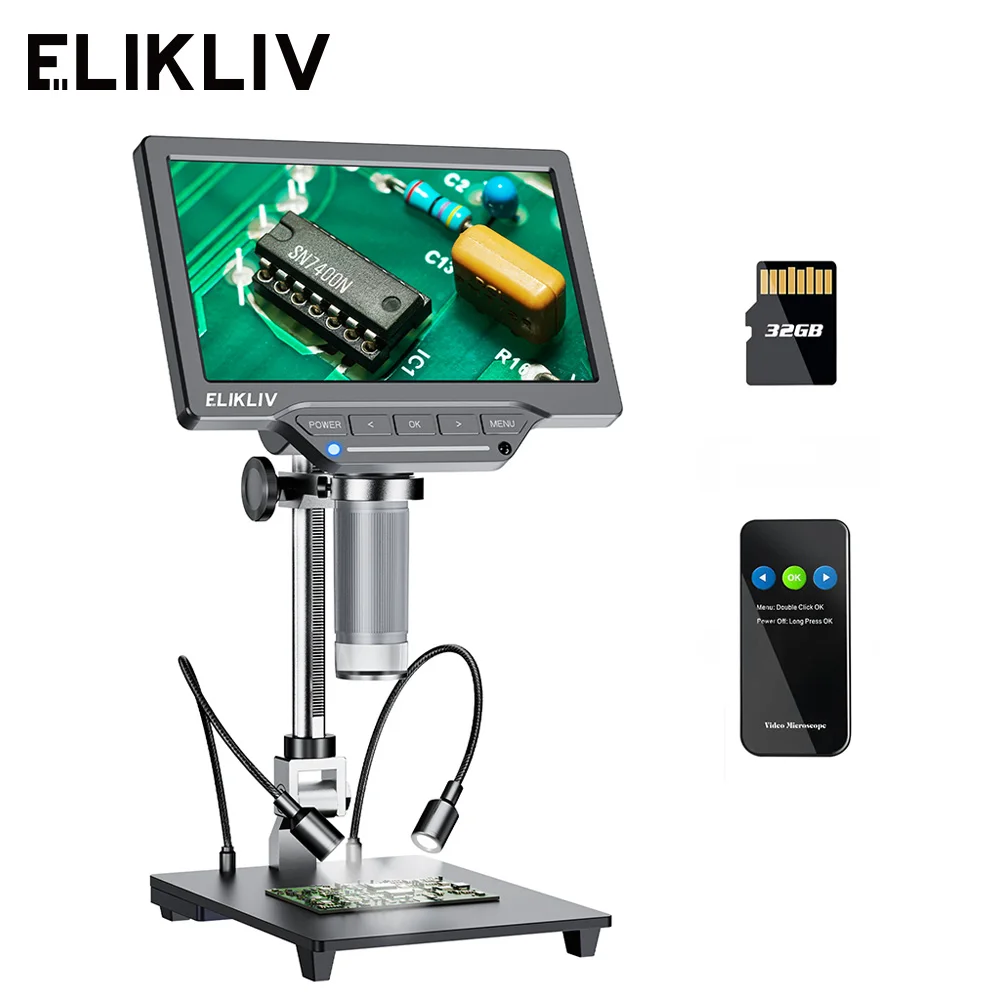 

Elikliv EDM201 SE 7" Digital Microscope with 10 Inch Stand 1200X Soldering Microscope with IPS Display Windows Mac Compatible