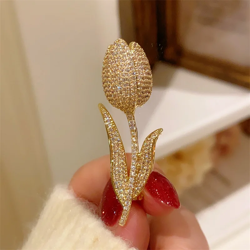 Simple Full of Rhinestone Tulip Flower Retro Brooch Temperament Accessories Fashion Design Clothing Ladies Brooch Wholesale Pin