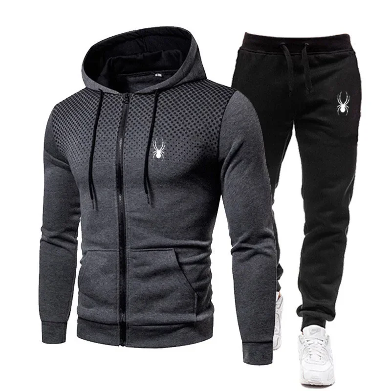 Men\'s Tracksuit Hooded Zipper Jacket + Sweatpants Outfits Fashion 2 Piece Sets Autumn and Winter Male Workout Jogging Sports