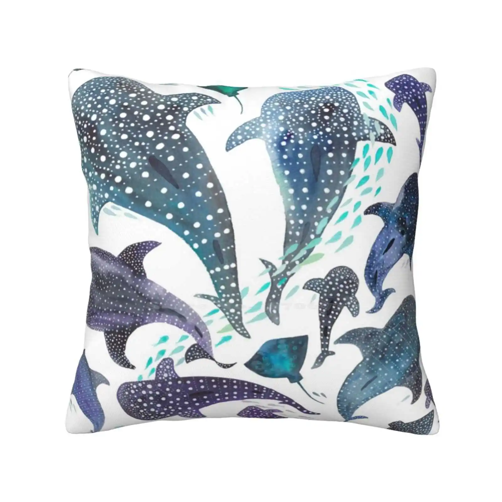 Whale Shark , Ray & Sea Creature Play Print Throw Cushion Pillow Cover Watercolor Whale Shark Stingray Jellyfish Under The Sea