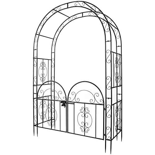 84in High Metal Garden Arbor with Gate, Heavy Duty Wide Garden Arch, Metal Arch Trellis with Gate for Climbing Plant